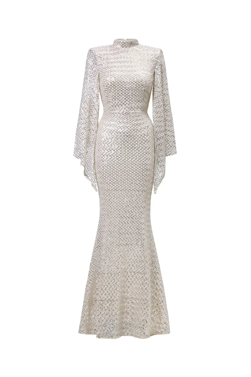 Vestido Euen Elegante Manga Capa Paetês Maxi