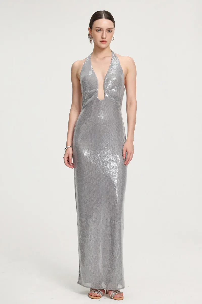 Vestido Maxi Halter com Paetês Prata