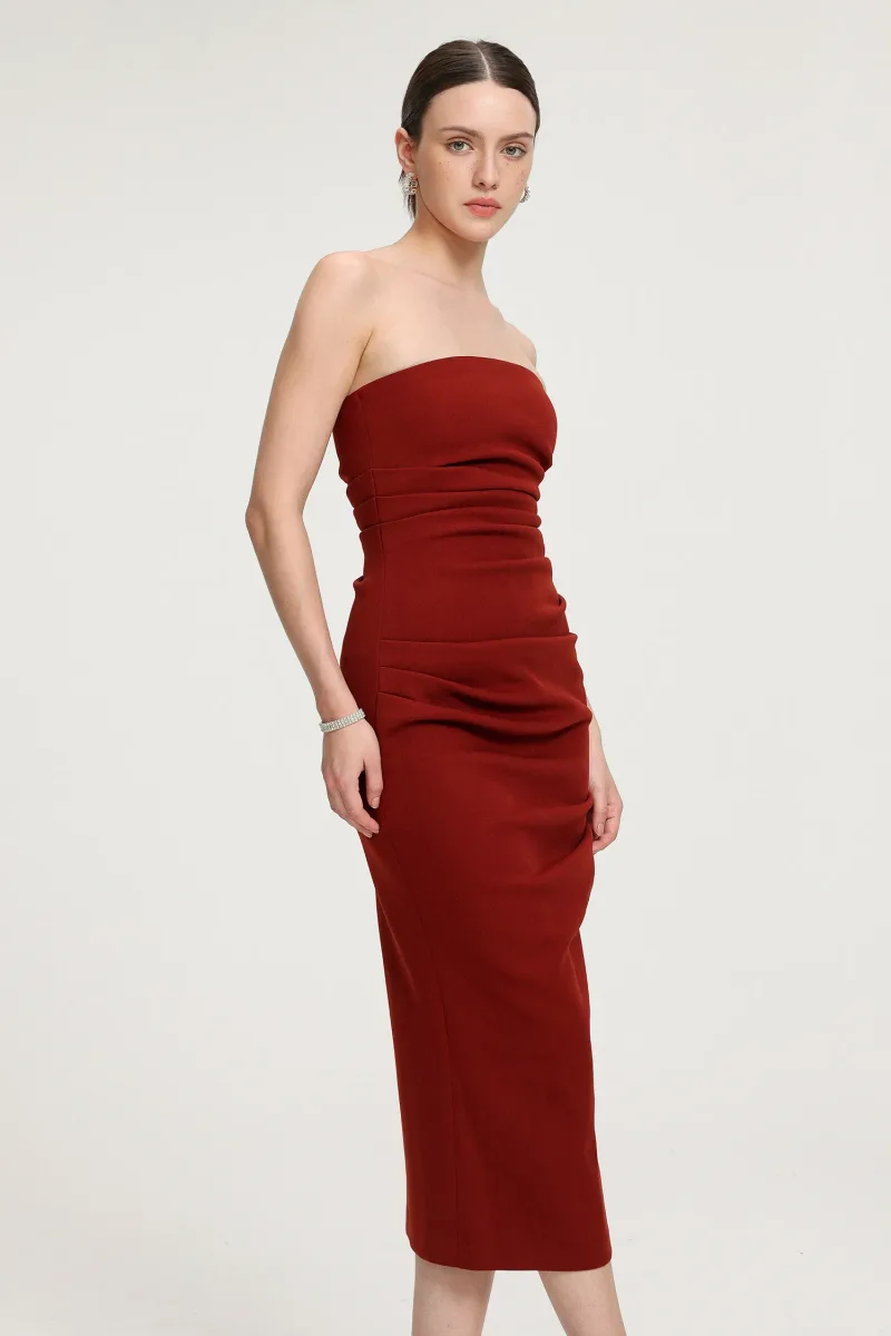 Vestido Midi Sem Alças com Franzidos em Crepe