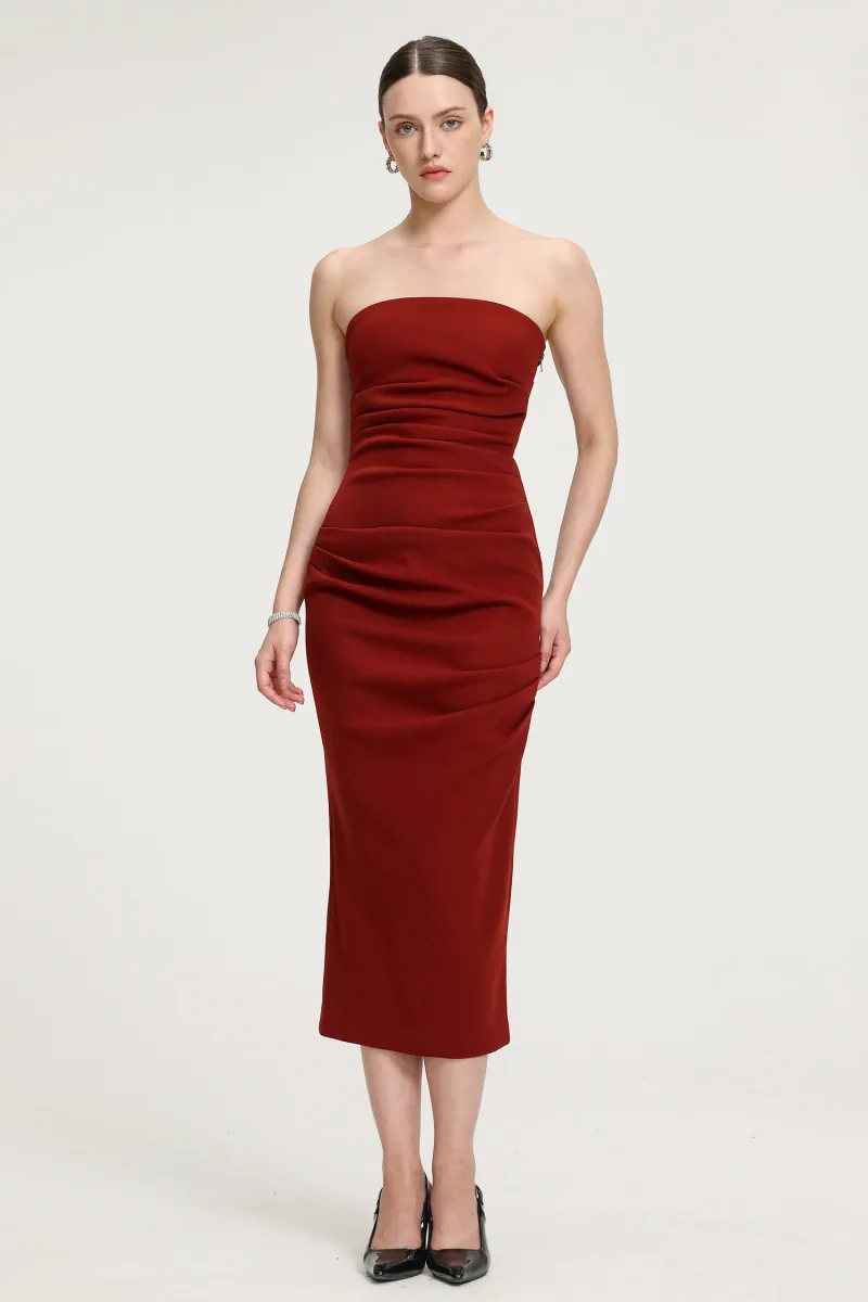 Vestido Midi Sem Alças com Franzidos em Crepe