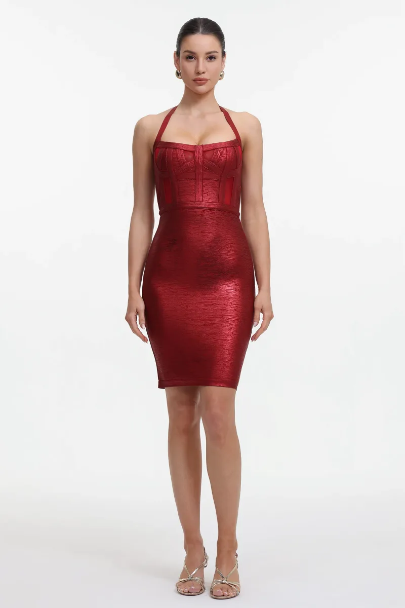 Halter Bandage Dress Metalizada - Vermelho Escuro
