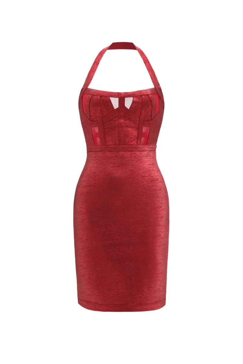 Halter Bandage Dress Metalizada - Vermelho Escuro