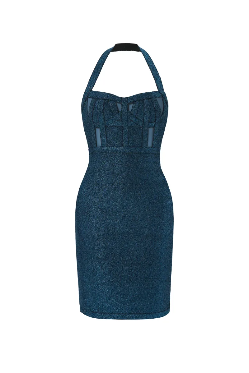 Halter Bandage Dress Metalizada - Azul Escuro