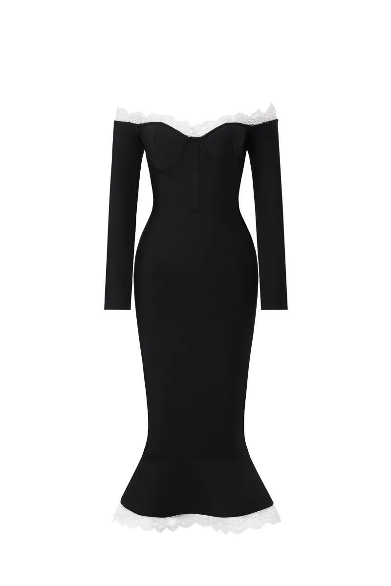 Vestido Midi Lousia com Ombro a Ombro, Botões e Acabamento em Renda