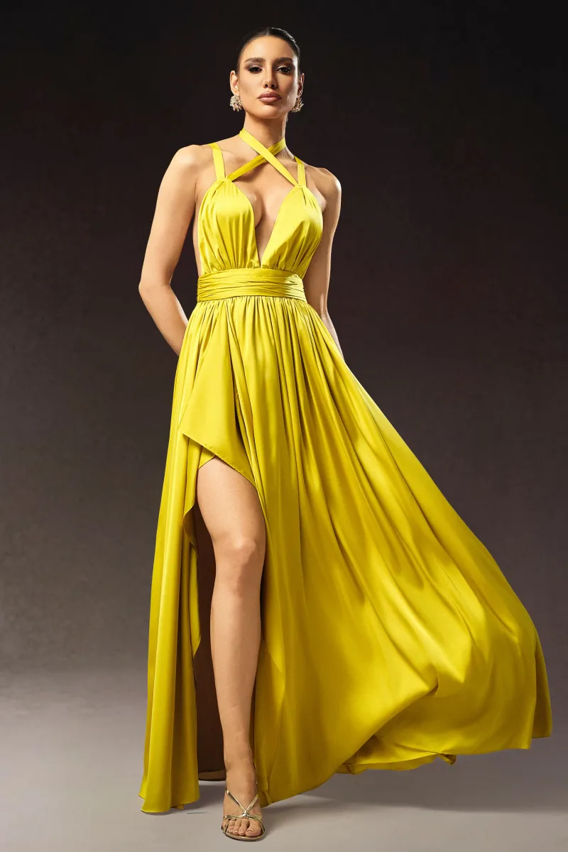 Vestido Maxi Habane Decote V Sem Mangas com Fenda