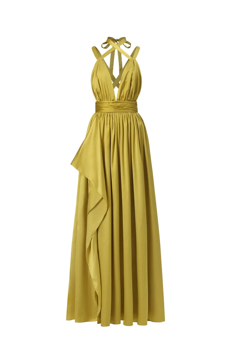 Vestido Maxi Habane Decote V Sem Mangas com Fenda