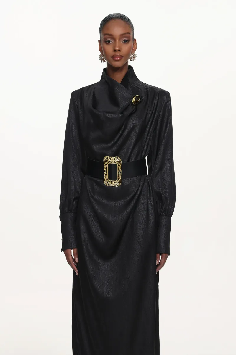 Vestido Maxi Indi Chic Manga Longa Gola Cowl com Cinto