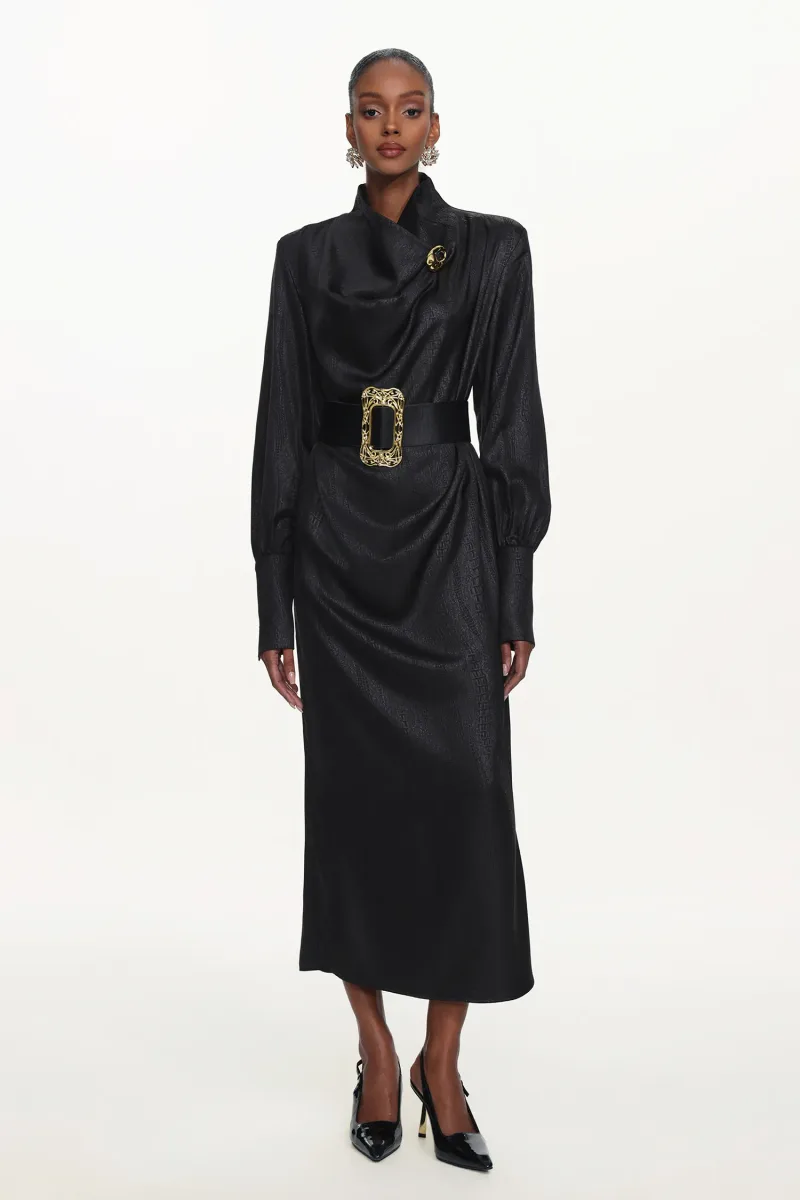 Vestido Maxi Indi Chic Manga Longa Gola Cowl com Cinto