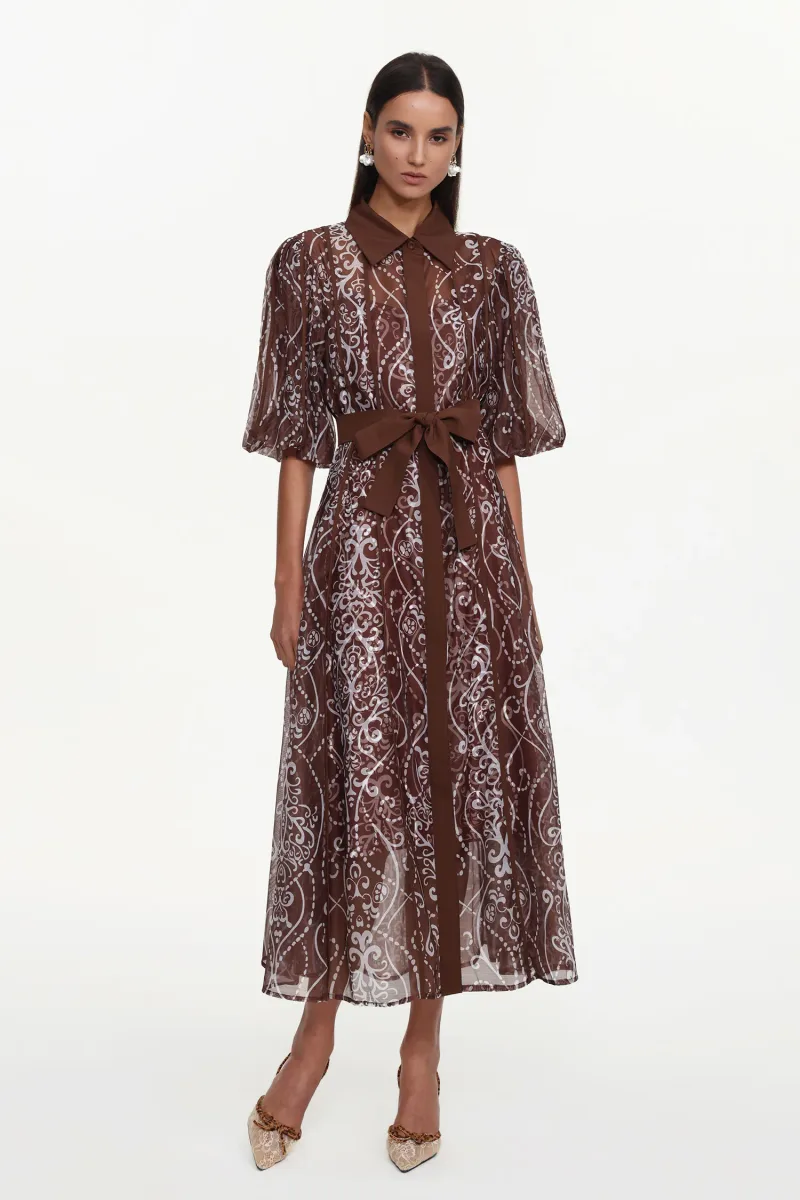 Vestido Maxi Vakana Resort Manga Bufante Floral em Tecido Marrom