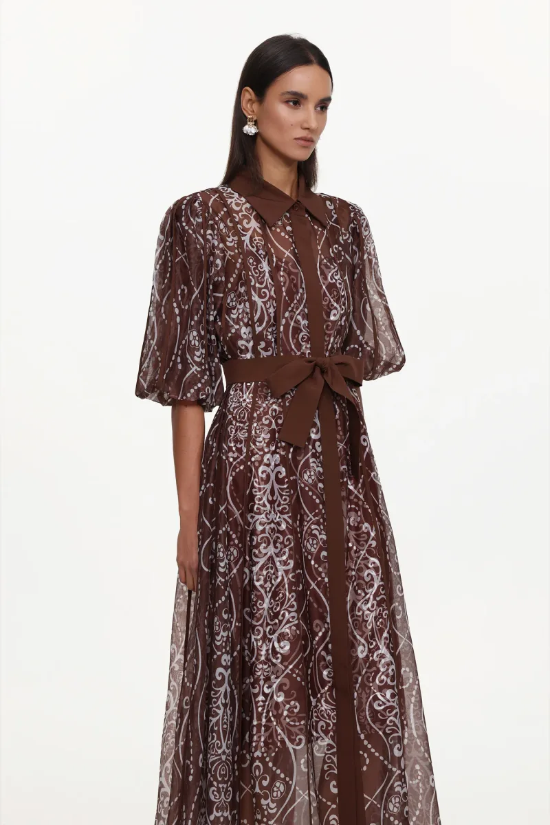 Vestido Maxi Vakana Resort Manga Bufante Floral em Tecido Marrom