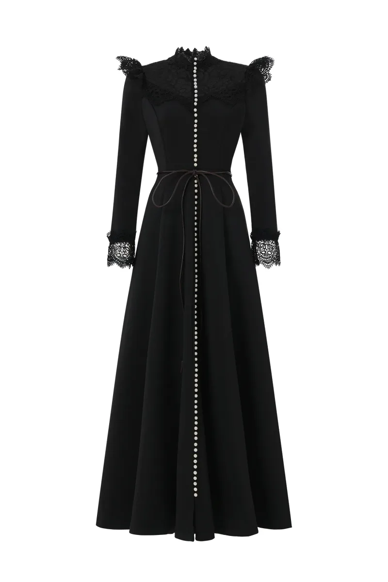Vestido Maxi Eudora Manga Longa Renda Tecido Preto Romântico