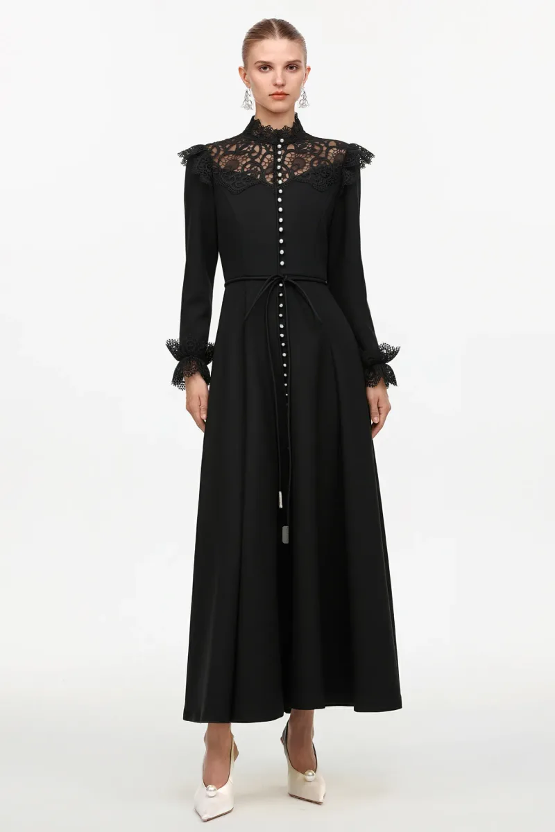 Vestido Maxi Eudora Manga Longa Renda Tecido Preto Romântico