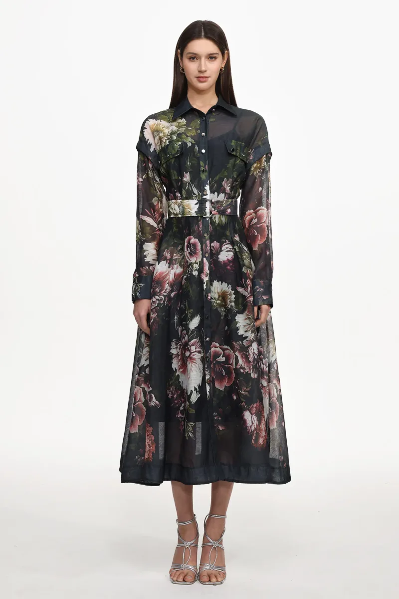 Vestido Maxi Frida Manga Longa Estampa Floral Tecido Preto