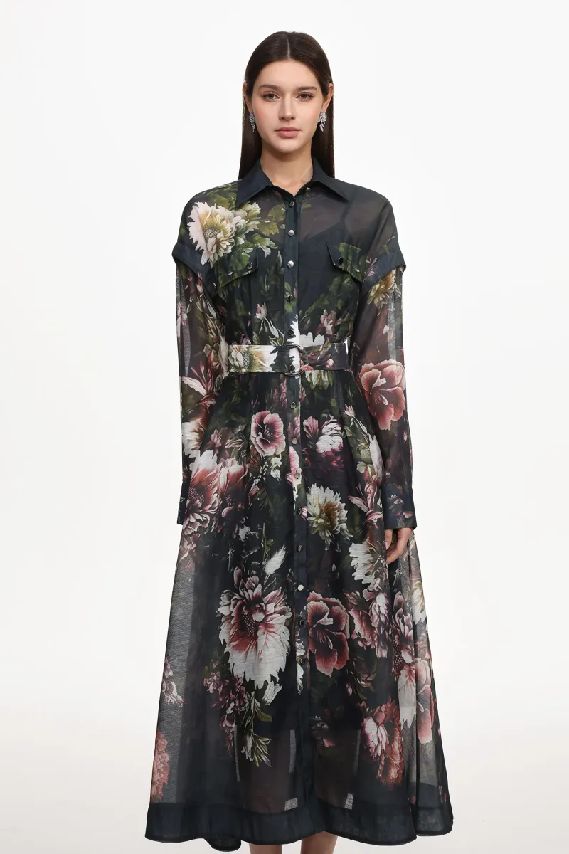 Vestido Maxi Frida Manga Longa Estampa Floral Tecido Preto