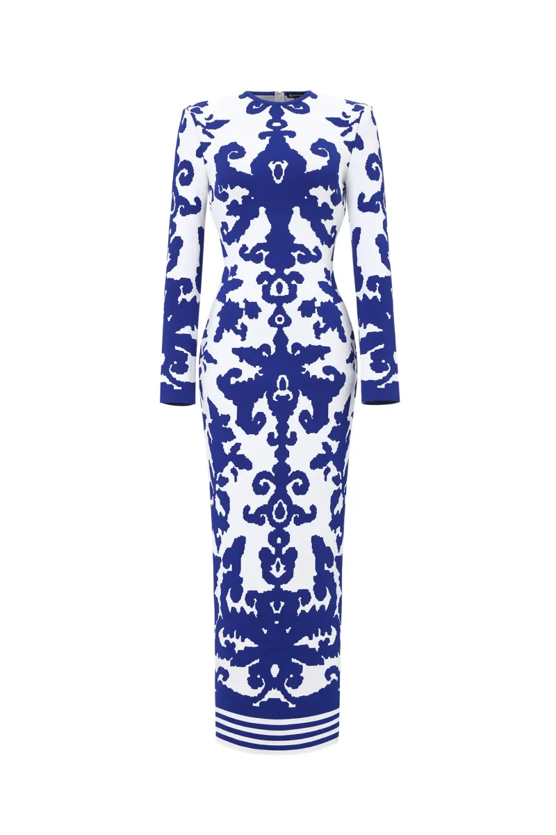 Vestido Maxi em Jacquard com Gola Redonda e Manga Longa