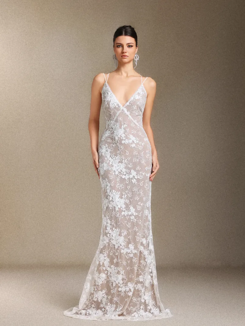 Vestido de Noiva Maxi Thea com Alças, Decote em V e Detalhes em Paetê e Renda
