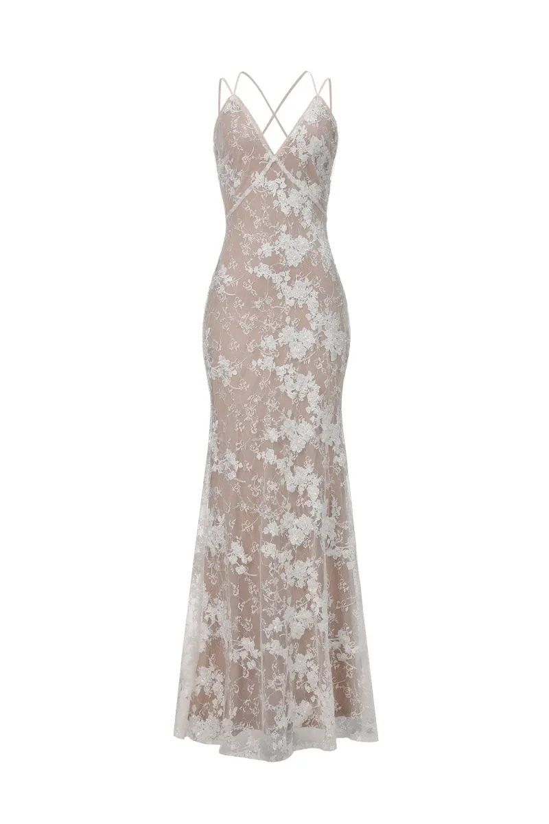 Vestido de Noiva Maxi Thea com Alças, Decote em V e Detalhes em Paetê e Renda