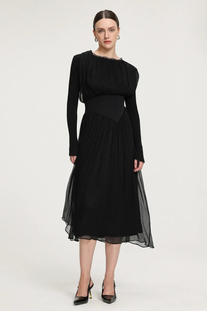 Vestido Midi em Chiffon com Pregas