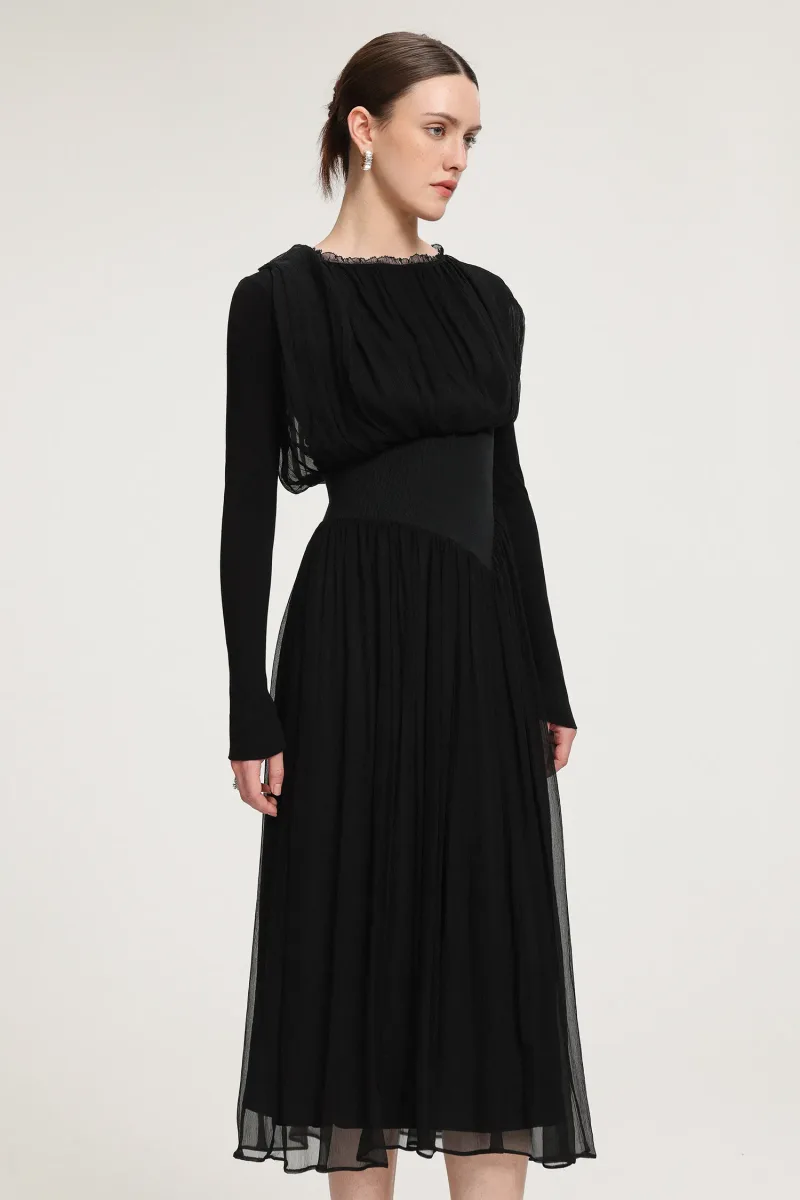 Vestido Midi em Chiffon com Pregas