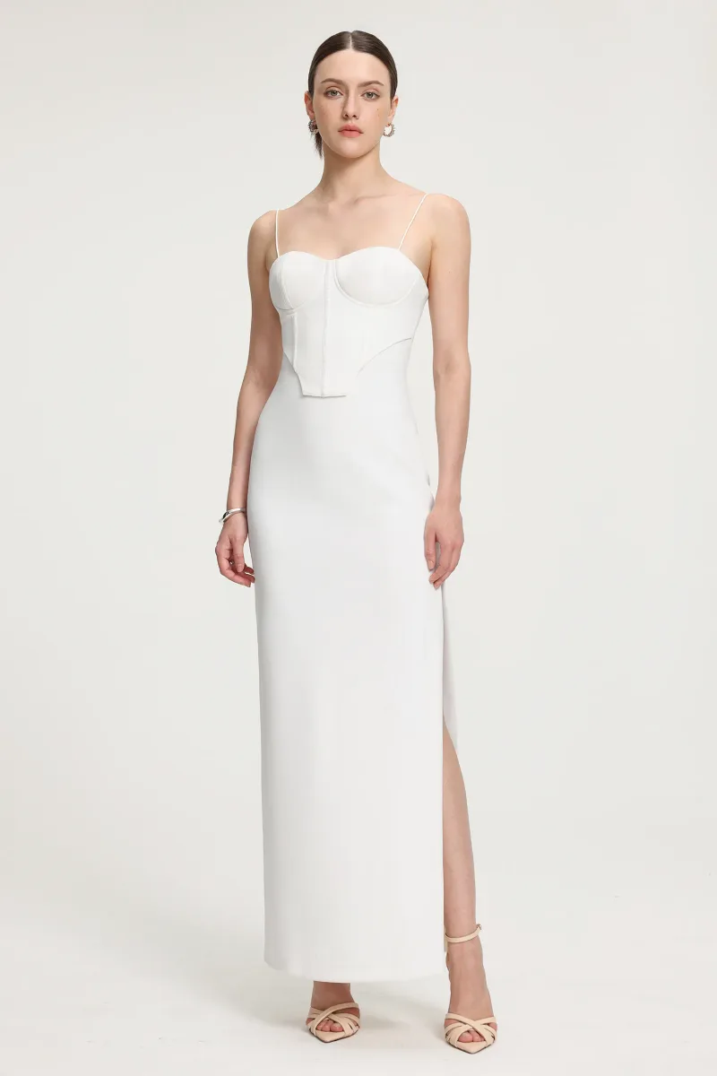 Vestido Maxi em Crepe com Detalhe Corpete