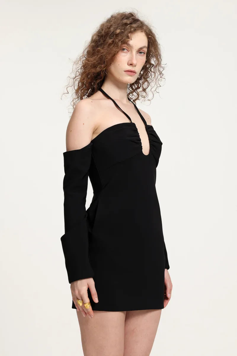 Vestido Mini Bodycon com Halter, Cut-Out e Mangas Destacáveis