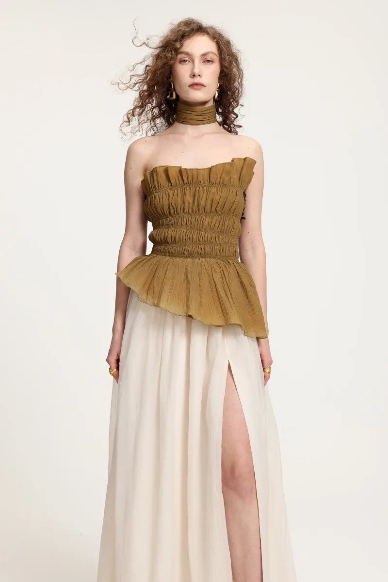 Vestido Maxi Tomara que Caia com Pregas e Babado, Bicolor, com Abertura Lateral Alta