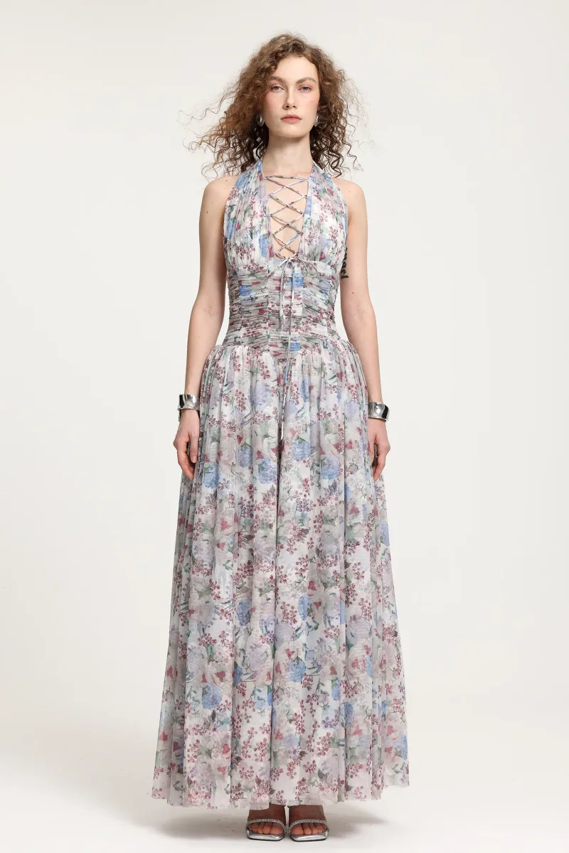 Vestido Longo Halter em Tule Floral com Cadarço