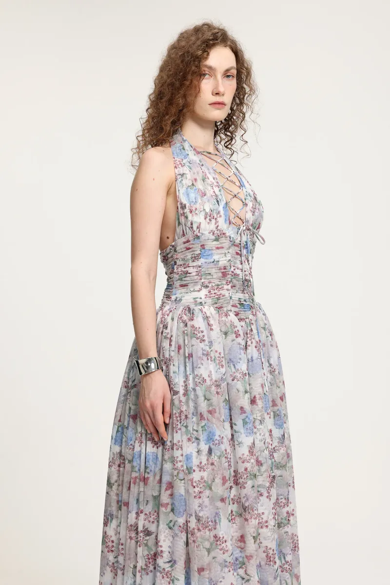 Vestido Longo Halter em Tule Floral com Cadarço