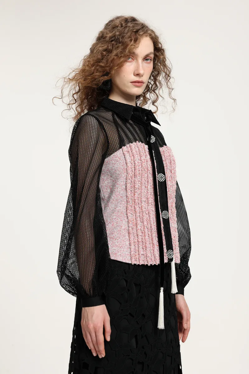 Blusa com Mangas Balão, Mesh Preto e Franja Rosa com Gola