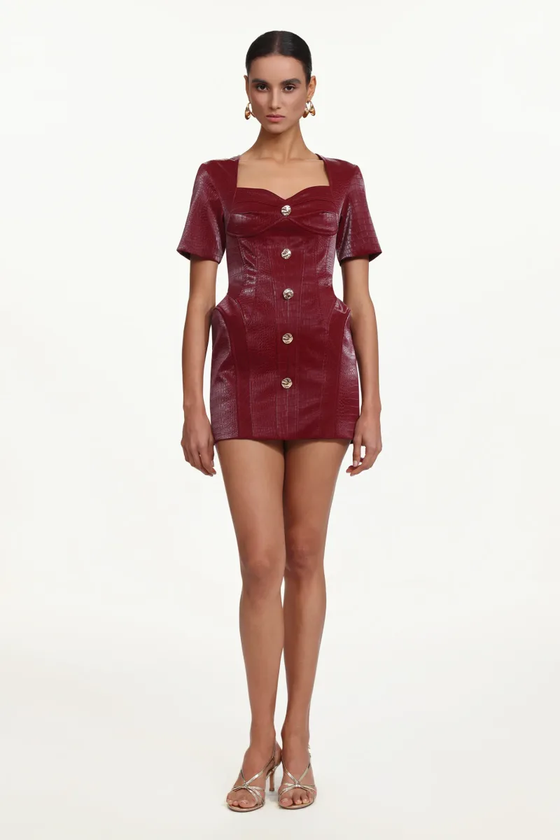 Vestido Mini Reggie com Gola Quadrada e Botões em Couro Sintético