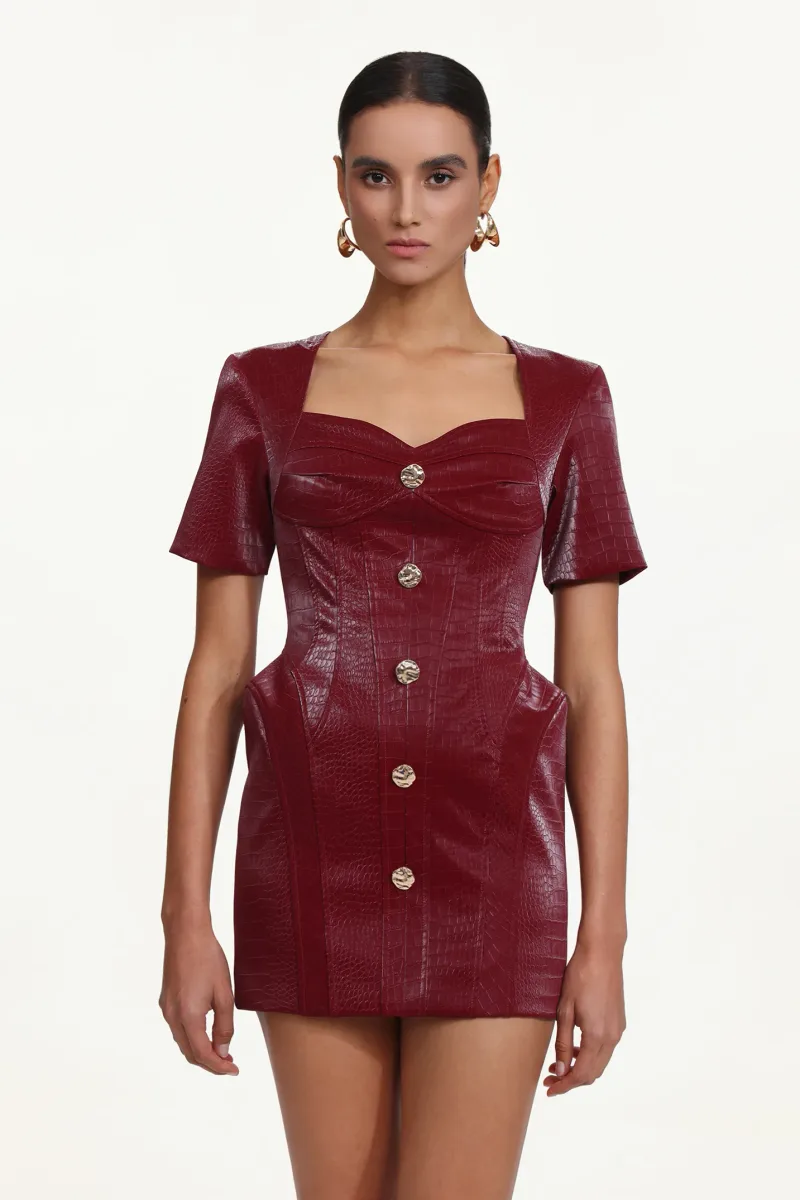 Vestido Mini Reggie com Gola Quadrada e Botões em Couro Sintético