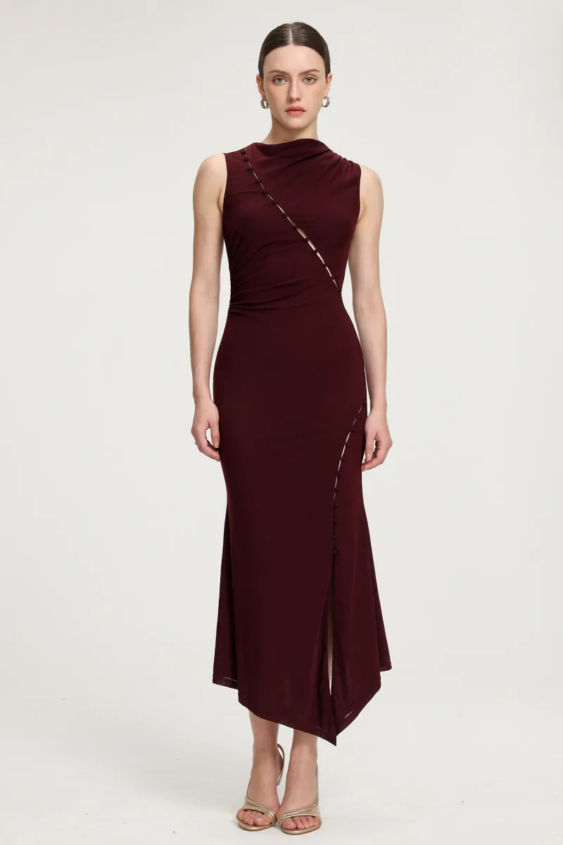 Vestido Midi Assimétrico em Jersey com Franzidos