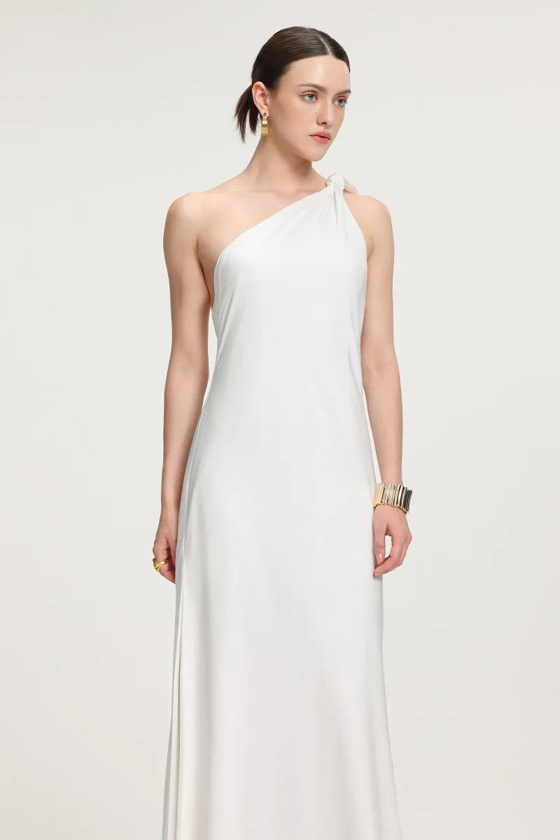 Vestido Maxi em Cetim com Alça Anudada