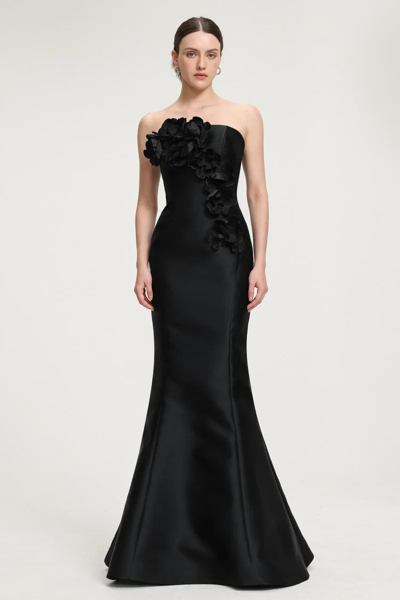 Vestido Maxi Sereia em Cetim com Flores 3D - Tomara que Caia