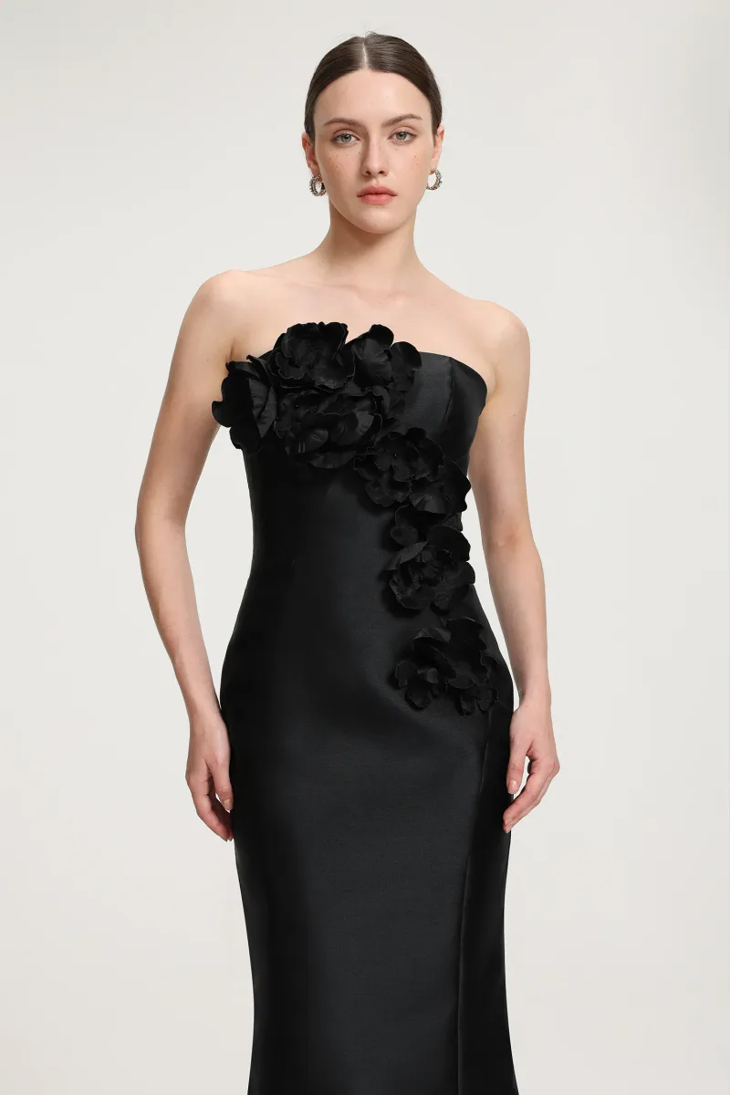 Vestido Maxi Sereia em Cetim com Flores 3D - Tomara que Caia