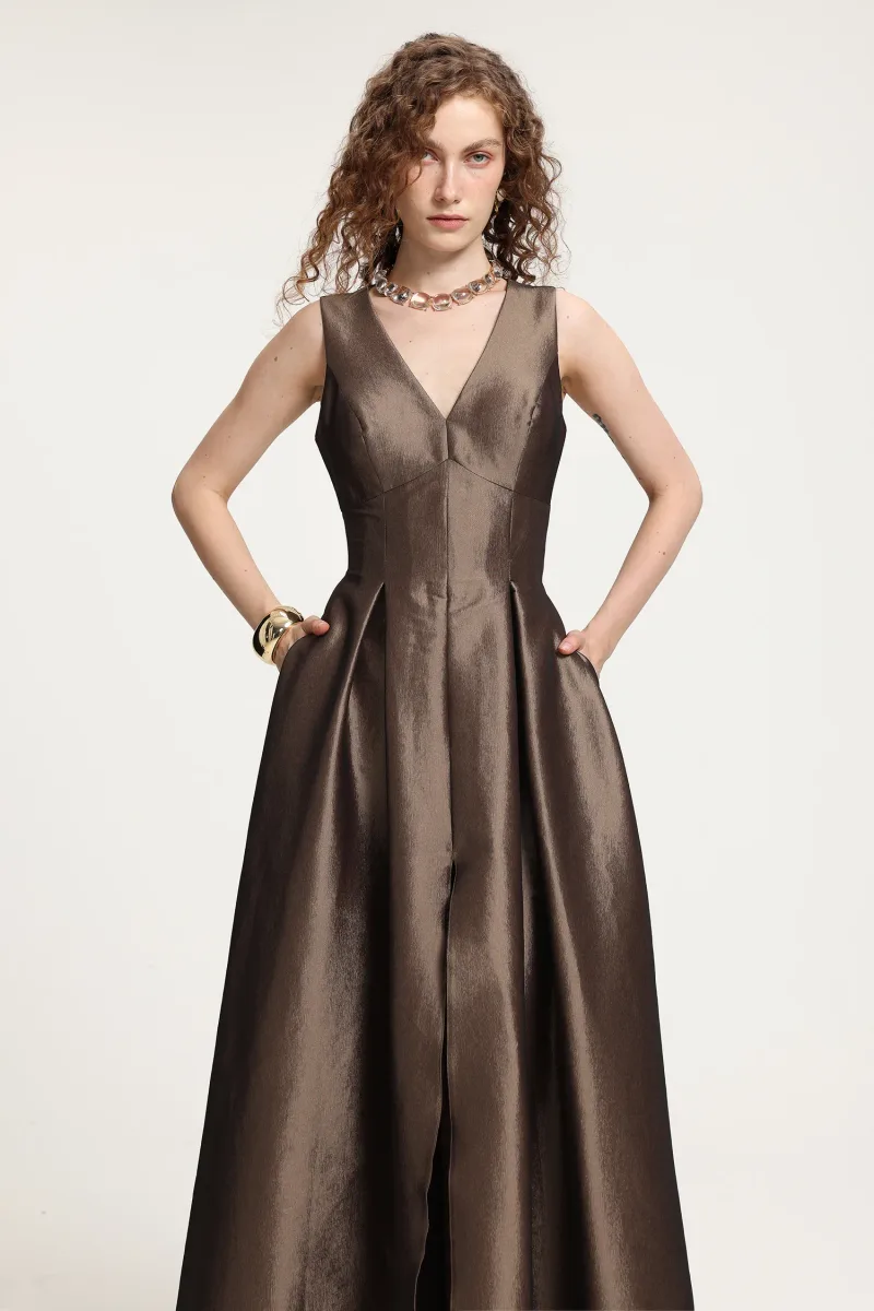 Vestido Longo em Cetim Metalizado - Decote em V