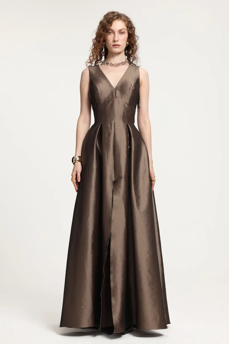 Vestido Longo em Cetim Metalizado - Decote em V