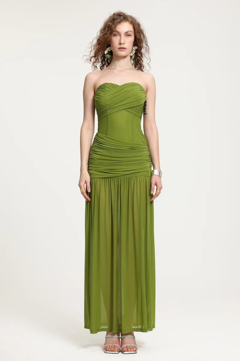 Vestido Maxi em Mesh - Tomara que Caia com Drapeado