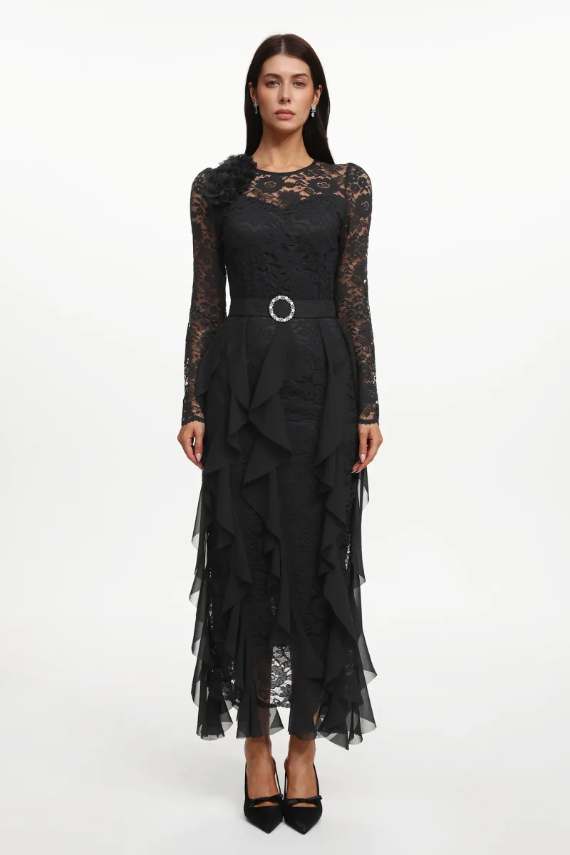 Vestido Longo Eyola com Manga Longa e Renda