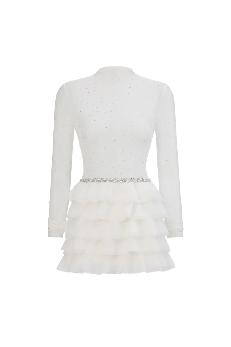 Vestido Mini Kerta com Babado, Mesh e Cristais