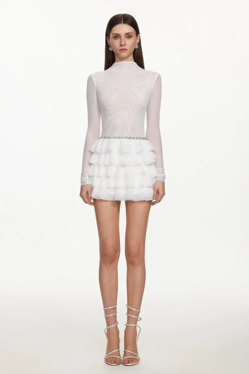 Vestido Mini Kerta com Babado, Mesh e Cristais
