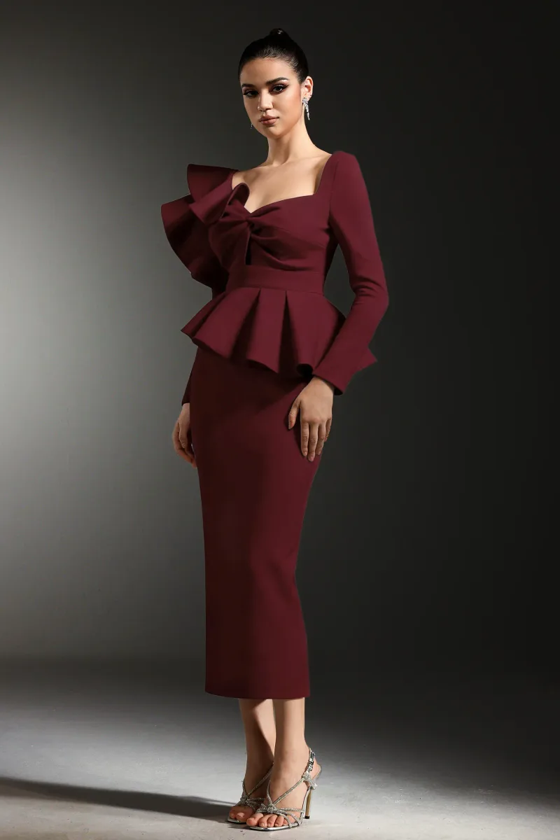 Vestido Maxi Faray com Babados e Mangas Compridas Vermelho