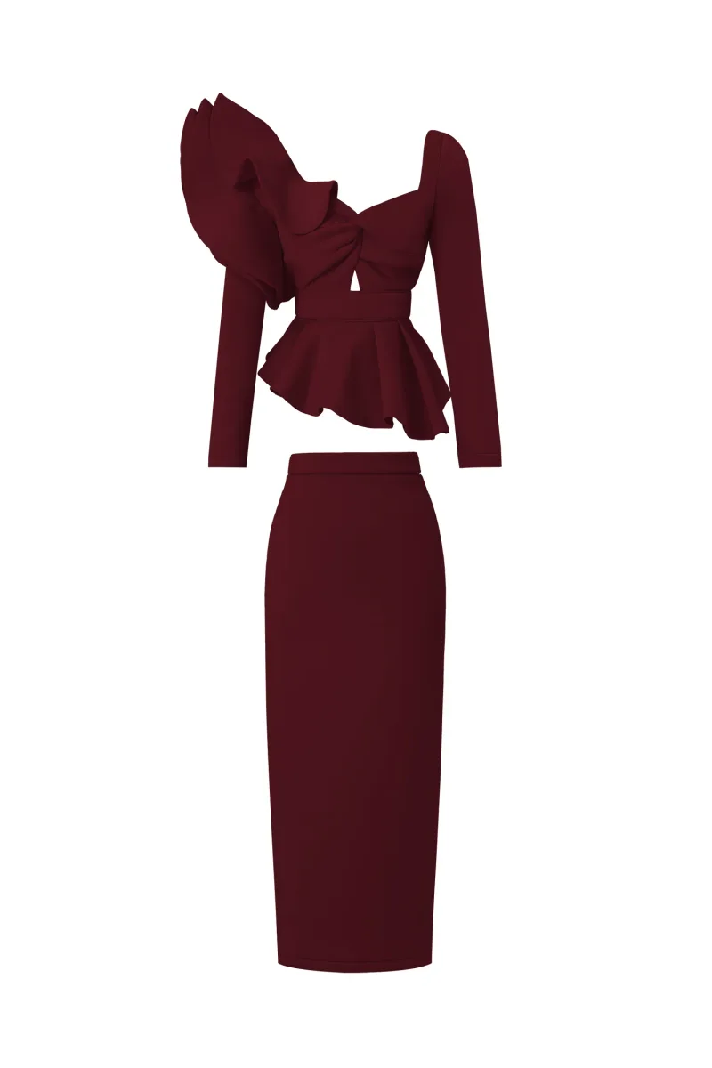 Vestido Maxi Faray com Babados e Mangas Compridas Vermelho