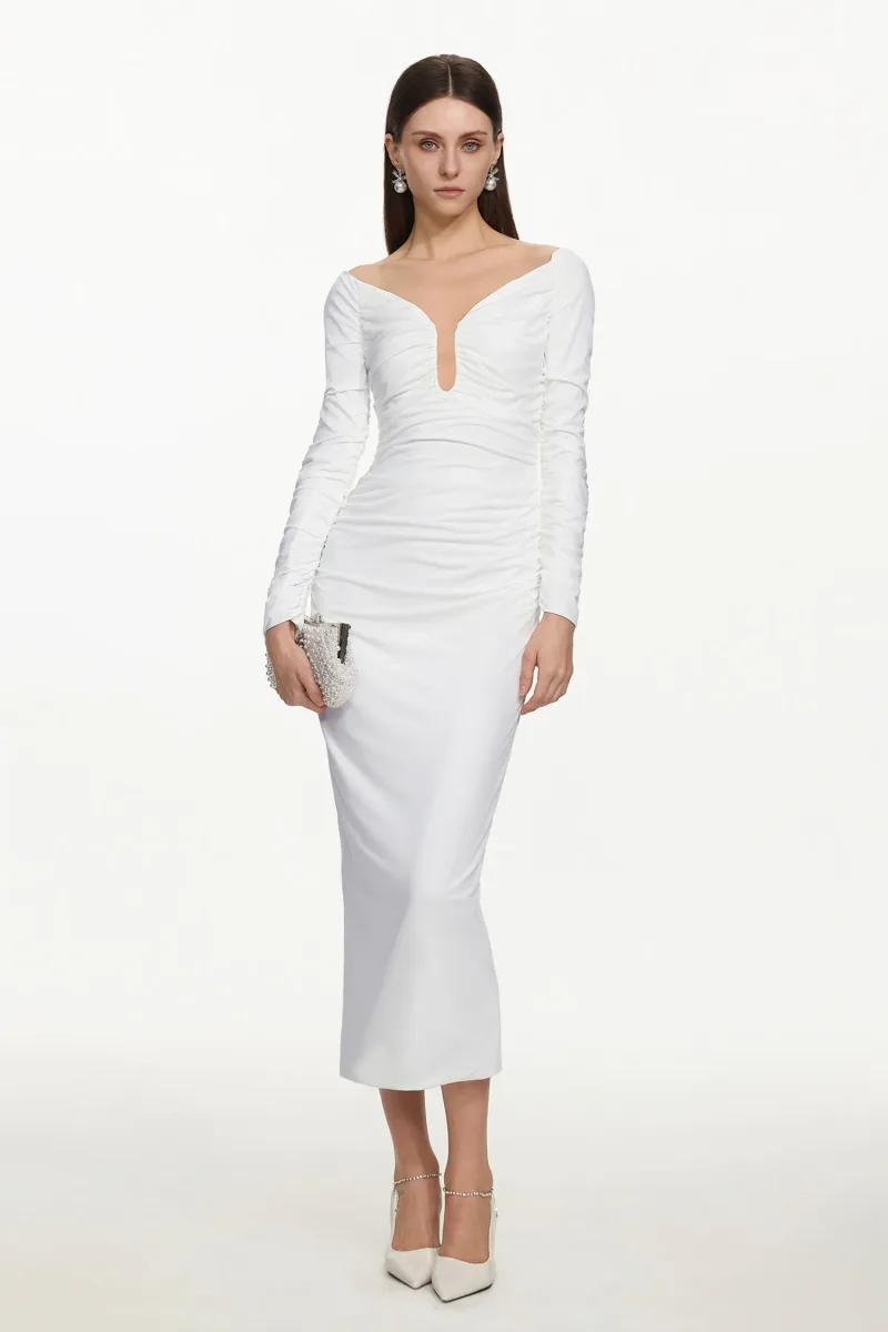 Vestido Maxi Gala Chic com Ombro a Ombro e Drapeado