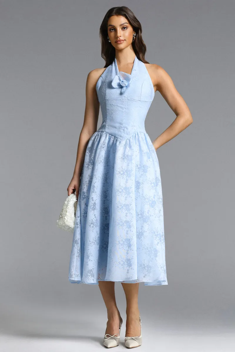 Vestido Maxi Delaney Romântico com Halter em Jacquard Floral Azul