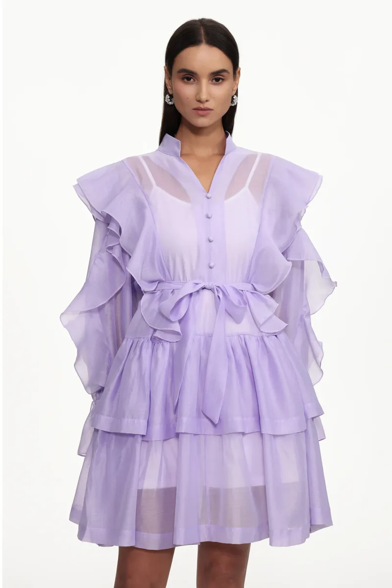Vestido Mini Kalic Resort com Manga Longa e Babados em Tecido