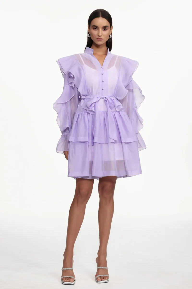 Vestido Mini Kalic Resort com Manga Longa e Babados em Tecido