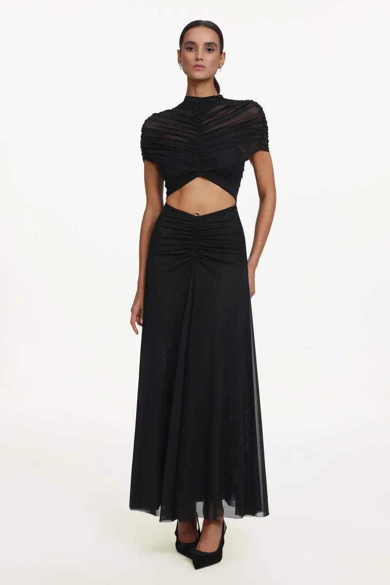 Vestido Maxi Iaka Chic com Recorte e Mesh Franzido