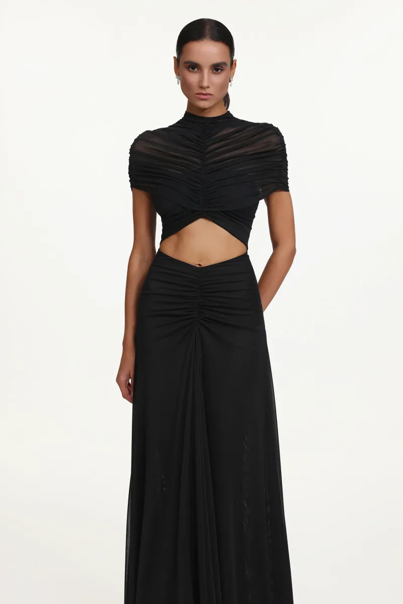 Vestido Maxi Iaka Chic com Recorte e Mesh Franzido