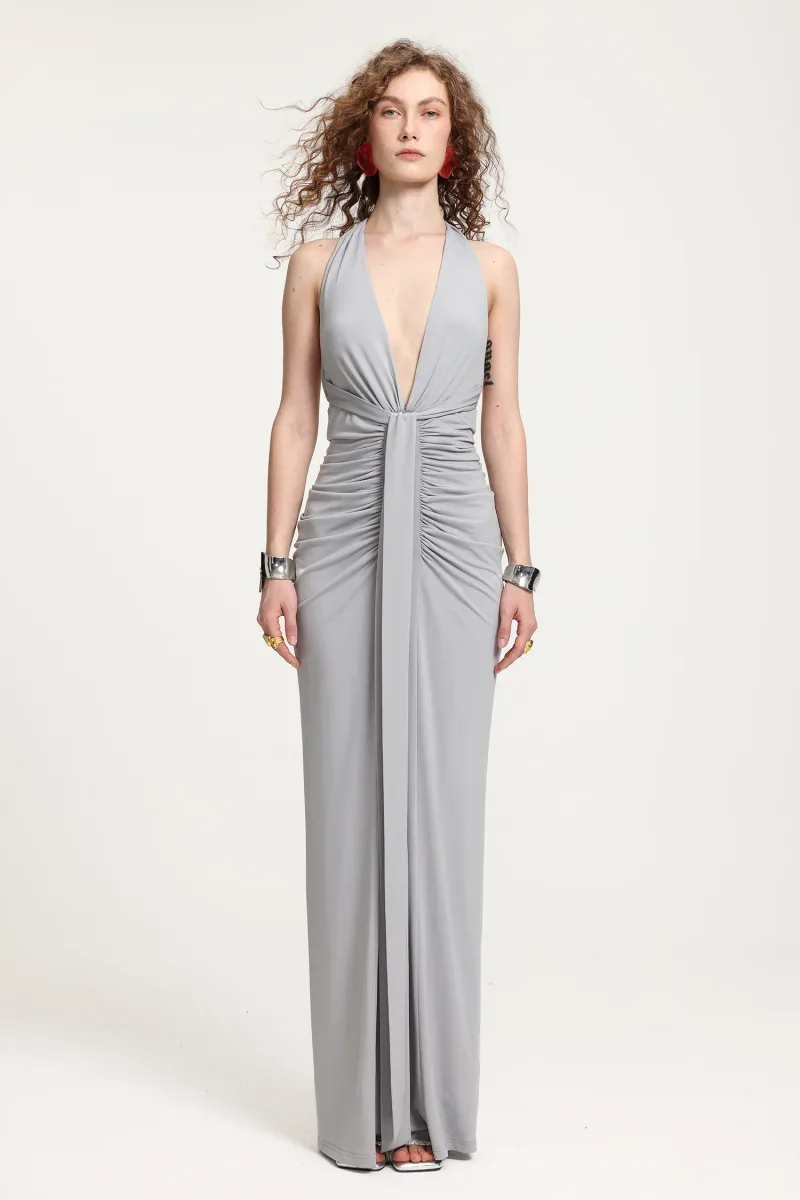 Vestido Maxi Decote Mergulho com Franzidos